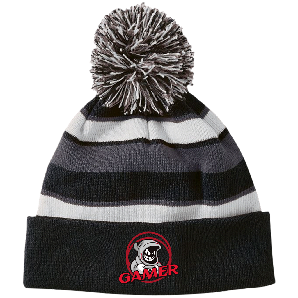 Gamer Ghost Striped Beanie with Pom