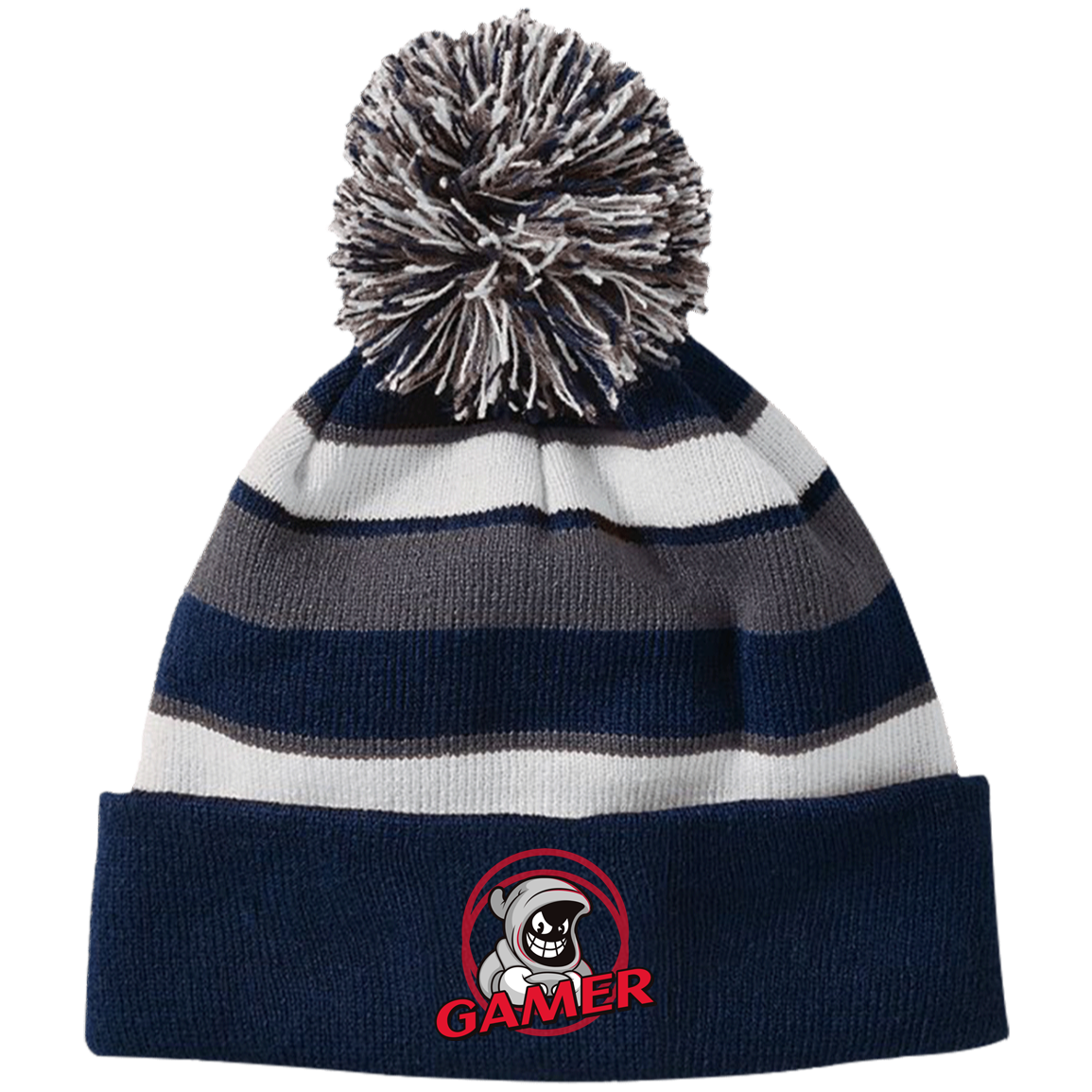 Gamer Ghost Striped Beanie with Pom