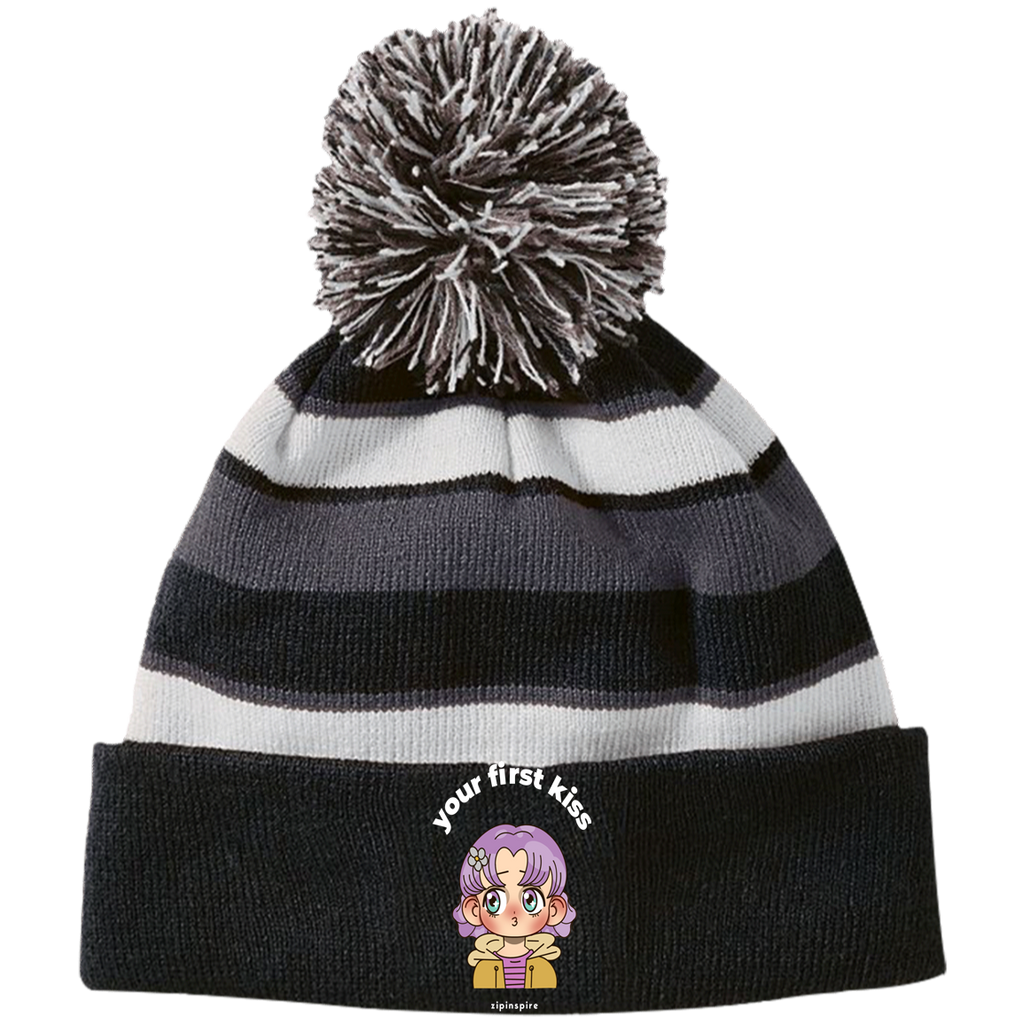 First Kiss Striped Beanie with Pom
