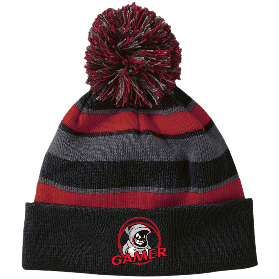 Gamer Ghost Striped Beanie with Pom