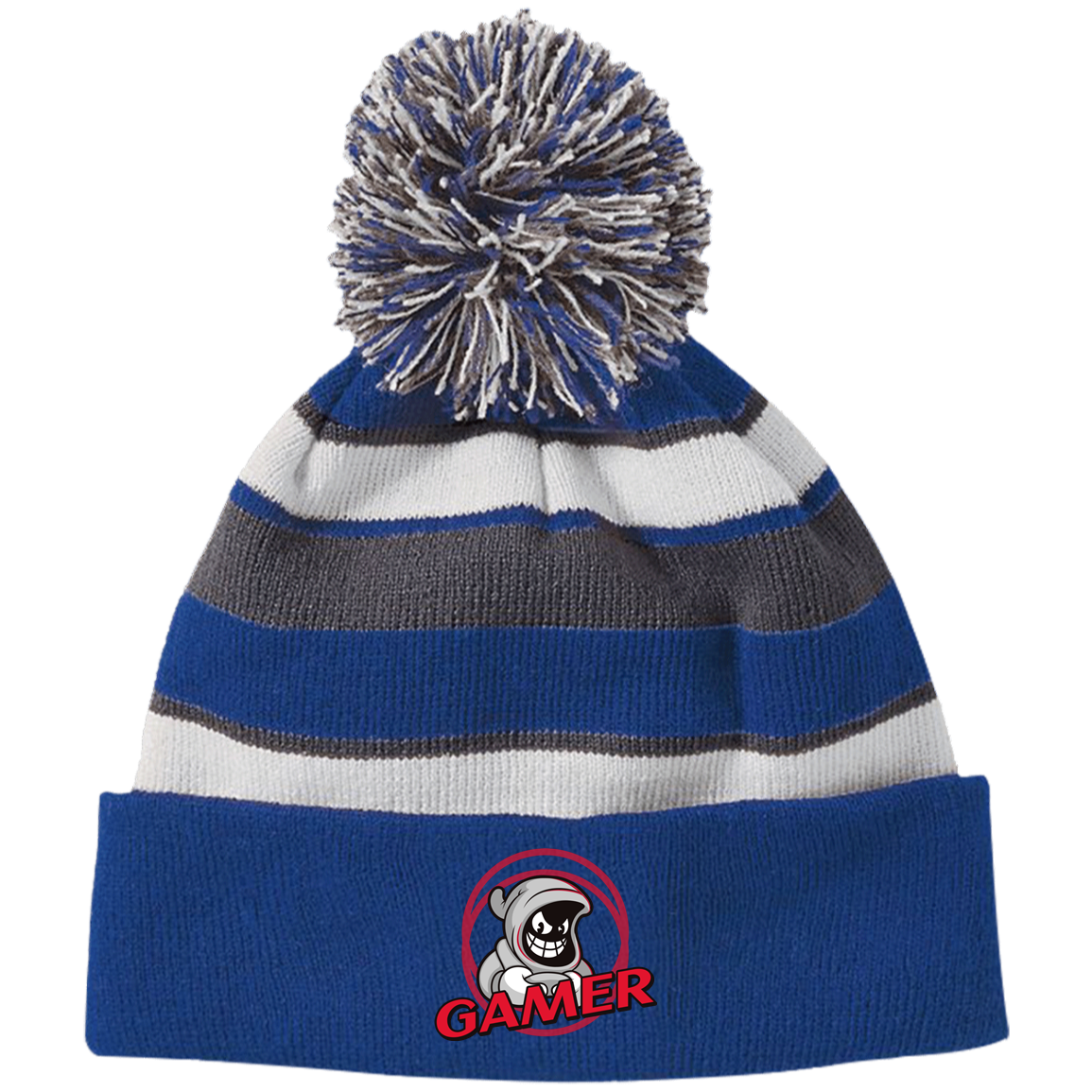 Gamer Ghost Striped Beanie with Pom